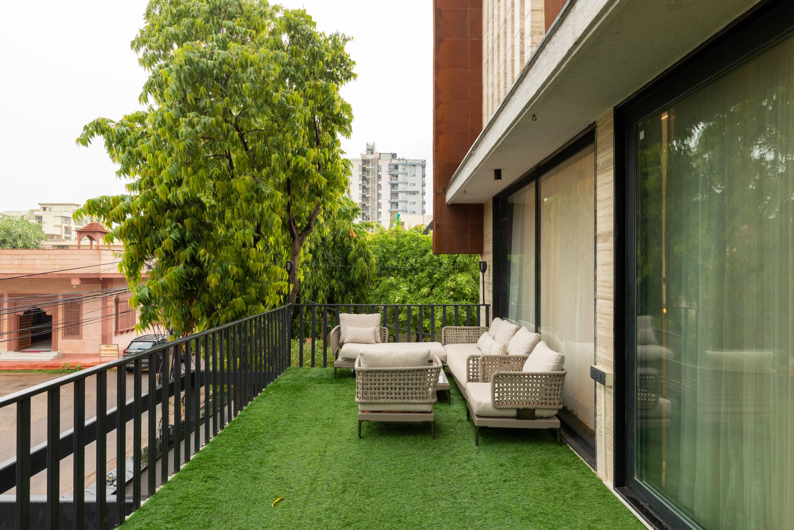 Front elevation extended deck area designed by Kamal Kavita Interiors