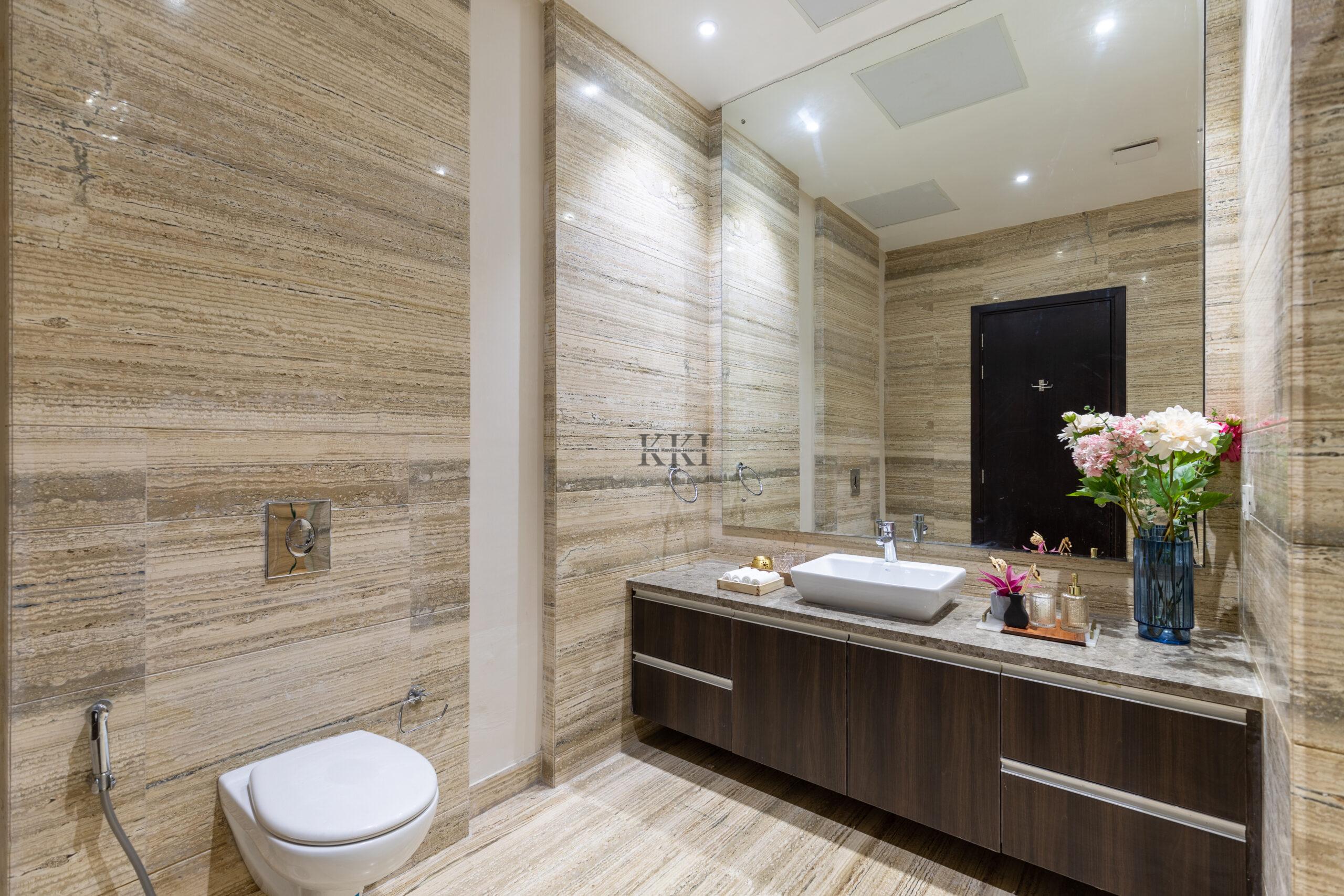 A bathroom with soothing bathroom decor