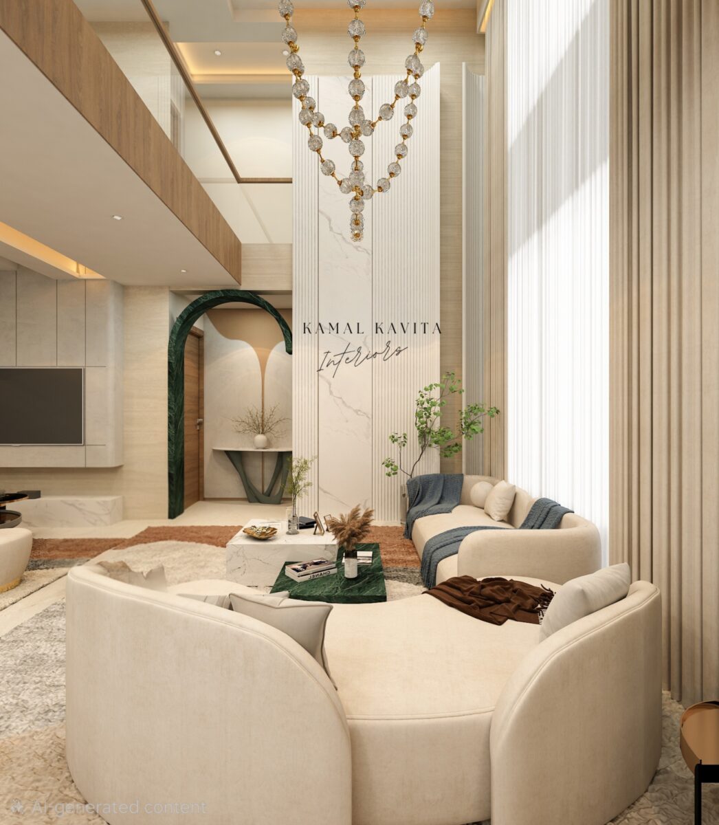 living room double height wall interior design for villa farm house in jaipur